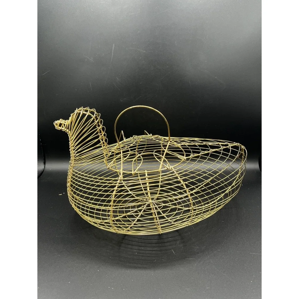 VTG Bird Duck Chicken Shaped Gold Wire Egg Collection Basket Wing Handles